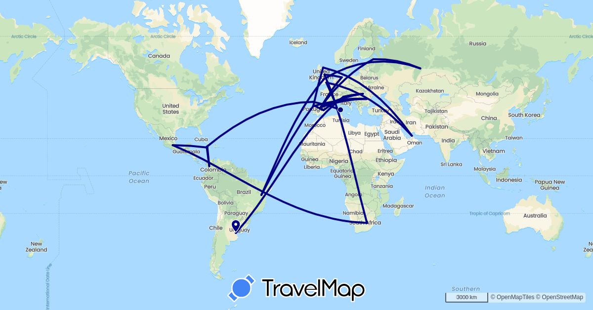 TravelMap itinerary: driving in United Arab Emirates, Argentina, Brazil, Colombia, Germany, Spain, France, United Kingdom, Italy, Jamaica, Monaco, Mexico, Portugal, Romania, Russia, South Africa (Africa, Asia, Europe, North America, South America)